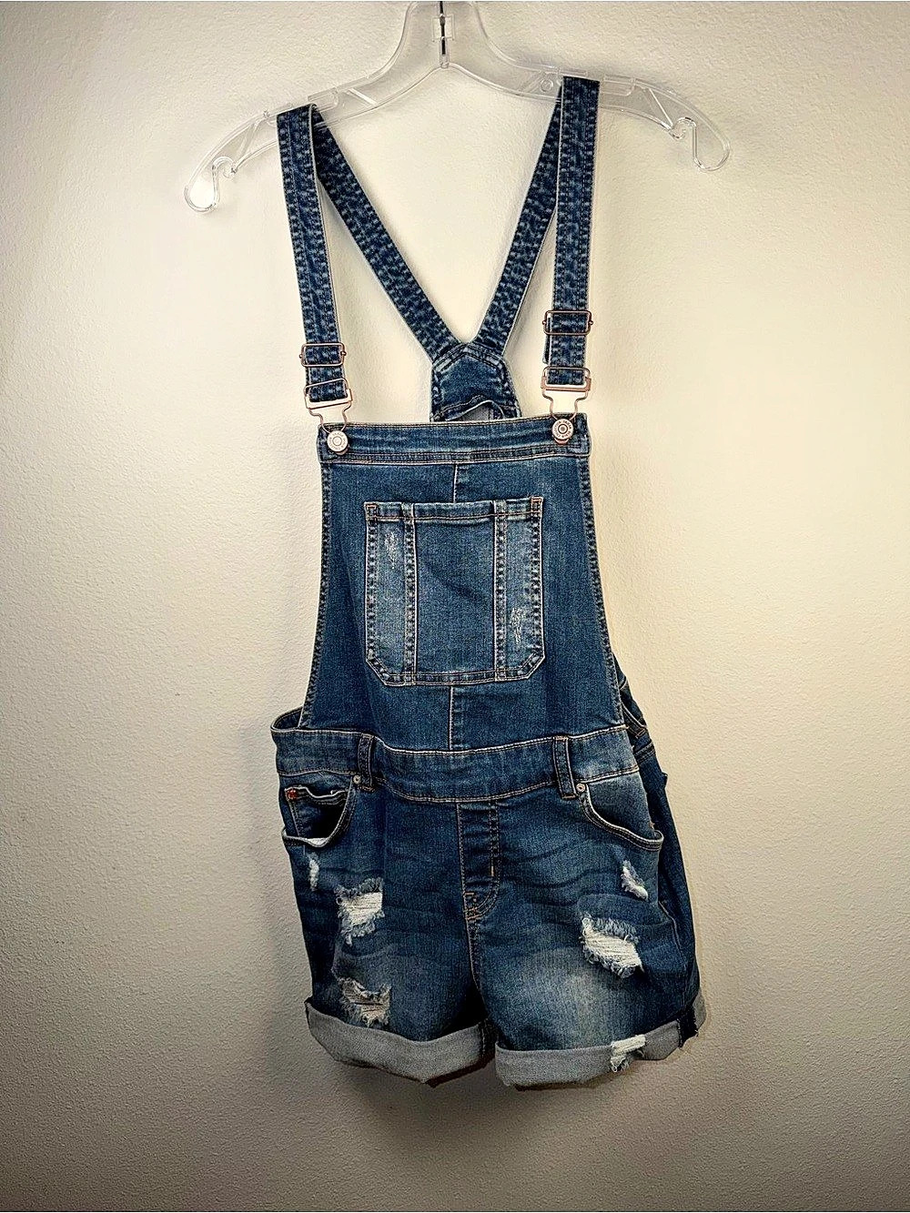 ENJEAN Denim Distressed Short Overalls in Blue